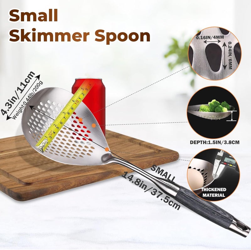 Marte Skimmer Slotted Spoon -14.8in Pasta Strainer Skimmer Ladle Spoon for Cooking and Frying - Kitchen Scoop Colander Strainer Spoon with Heat Resistant Black Wooden Handle - Image 2