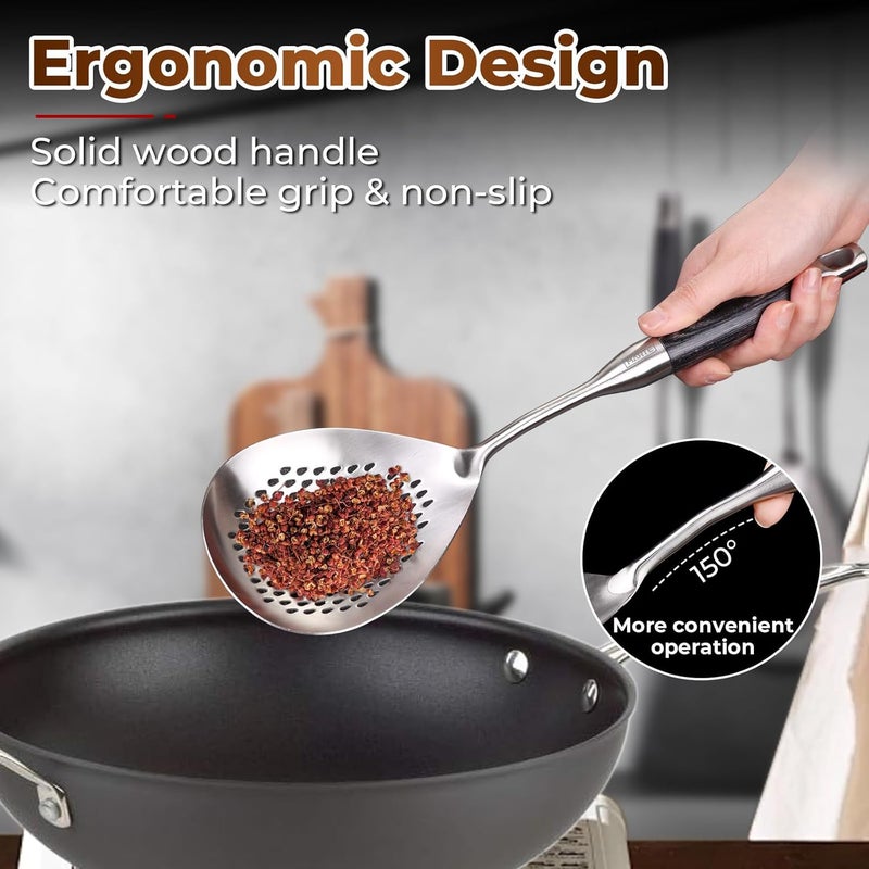 Marte Skimmer Slotted Spoon -14.8in Pasta Strainer Skimmer Ladle Spoon for Cooking and Frying - Kitchen Scoop Colander Strainer Spoon with Heat Resistant Black Wooden Handle - Image 4