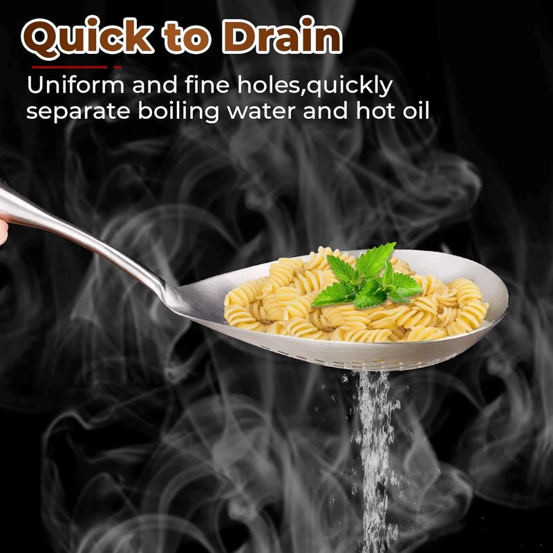 Marte Skimmer Slotted Spoon -14.8in Pasta Strainer Skimmer Ladle Spoon for Cooking and Frying - Kitchen Scoop Colander Strainer Spoon with Heat Resistant Black Wooden Handle - Image 5