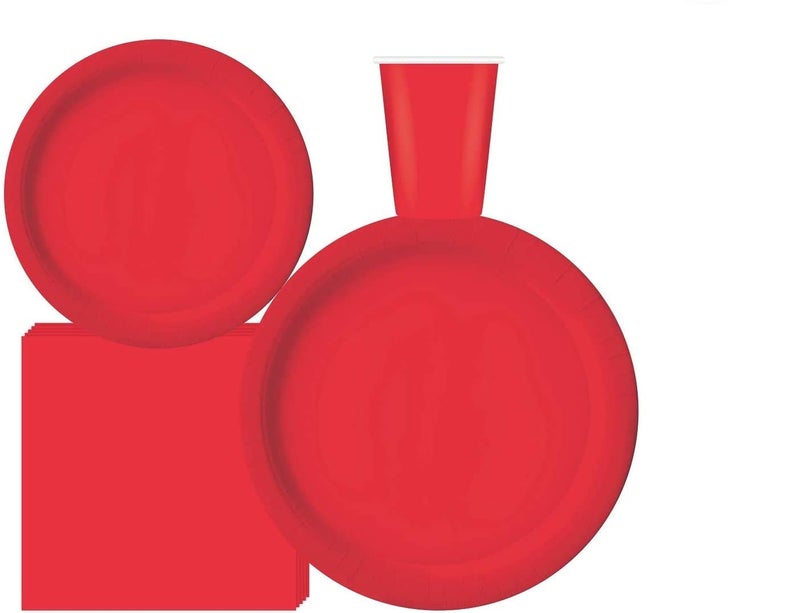Oojami Serves 50 Complete Party Pack Disposable 9 Dinner Paper Plates 7 Dessert Paper Plates 9 oz Cups 3 Ply Napkins office parties Birthday parties festivals and much more Red