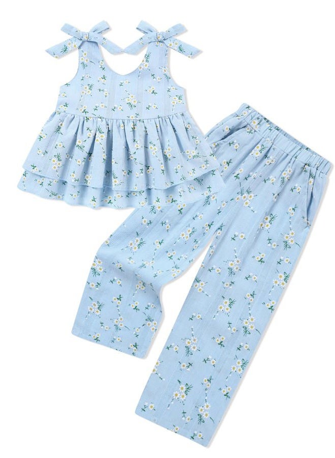 SANMIO Toddler Baby Girl Clothes Linen Ruffle Sleeveless Tops with Wide Leg Pants Clothing Set Summer Outfits for 1-5T, Blue, 3-4 Years - Image 1