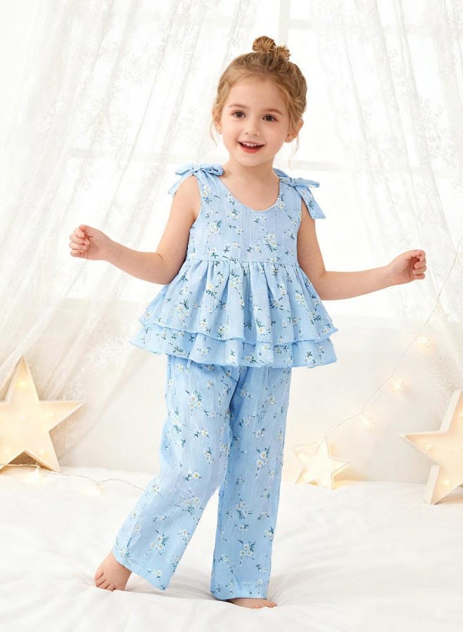 SANMIO Toddler Baby Girl Clothes Linen Ruffle Sleeveless Tops with Wide Leg Pants Clothing Set Summer Outfits for 1-5T, Blue, 3-4 Years - Image 2
