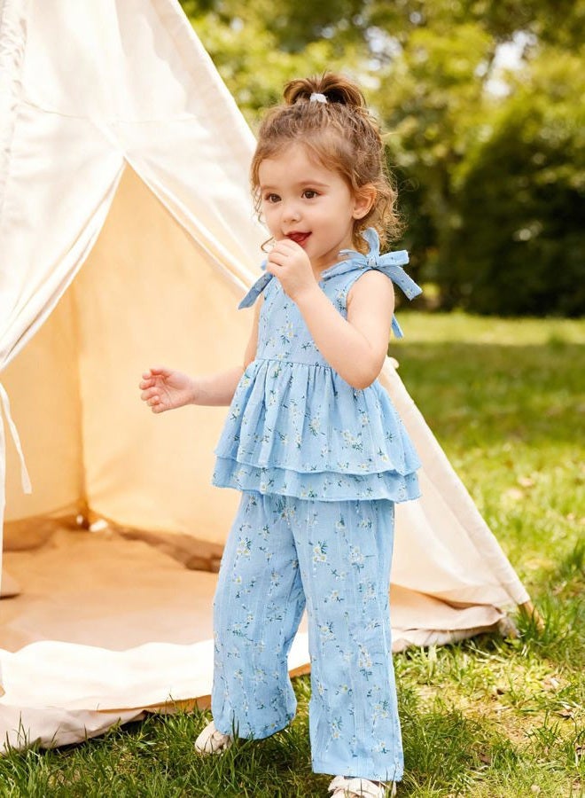 SANMIO Toddler Baby Girl Clothes Linen Ruffle Sleeveless Tops with Wide Leg Pants Clothing Set Summer Outfits for 1-5T, Blue, 3-4 Years - Image 3