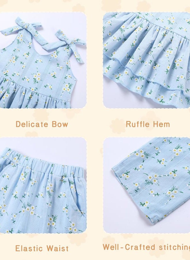SANMIO Toddler Baby Girl Clothes Linen Ruffle Sleeveless Tops with Wide Leg Pants Clothing Set Summer Outfits for 1-5T, Blue, 3-4 Years - Image 5