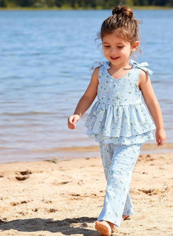 SANMIO Toddler Baby Girl Clothes Linen Ruffle Sleeveless Tops with Wide Leg Pants Clothing Set Summer Outfits for 1-5T, Blue, 3-4 Years - Image 4