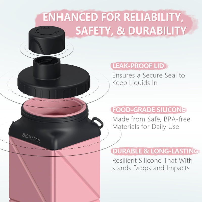 BEAUTAIL Collapsible Water Bottles, Silicone Foldable Water Bottle 610ml, BPA-Free Portable Reusable Leakproof Bottle for Gym Travel Camping Hiking Sports Outdoor, 1 Pack (Pink) - Image 3