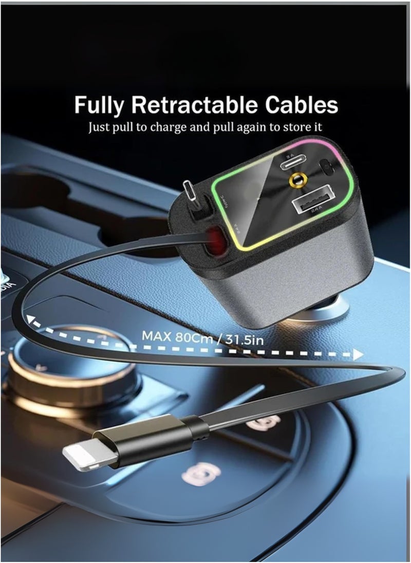 Hoco 4-in-1 Retractable Fast Charging Car Charger with Starry Sky Projector & LED Light – Dual USB-C & USB-A Ports with Retractable Cables – Compatible with iPhone 16/15/14/13/12, Samsung Galaxy, Google Pixel & More – Compact, Durable & Perfect for On-the-Go Power  - Image 2