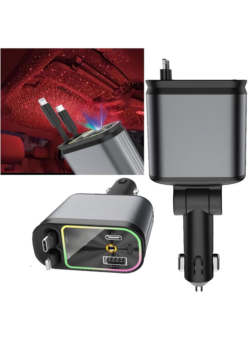 Hoco 4-in-1 Retractable Fast Charging Car Charger with Starry Sky Projector & LED Light – Dual USB-C & USB-A Ports with Retractable Cables – Compatible with iPhone 16/15/14/13/12, Samsung Galaxy, Google Pixel & More – Compact, Durable & Perfect for On-the-Go Power  - Image 1