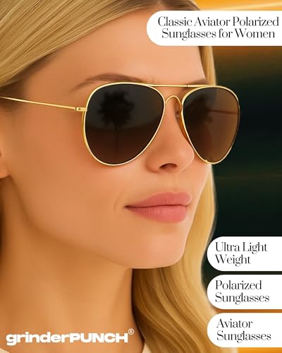 grinderPUNCH Unisex Aviator Sunglasses | Fashionable & Lightweight Frame Suits All Face Shapes | 100% UV Protection (Metal Gold Frame/Brown Lens) - Image 5