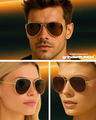grinderPUNCH Unisex Aviator Sunglasses | Fashionable & Lightweight Frame Suits All Face Shapes | 100% UV Protection (Metal Gold Frame/Brown Lens) - Image 2