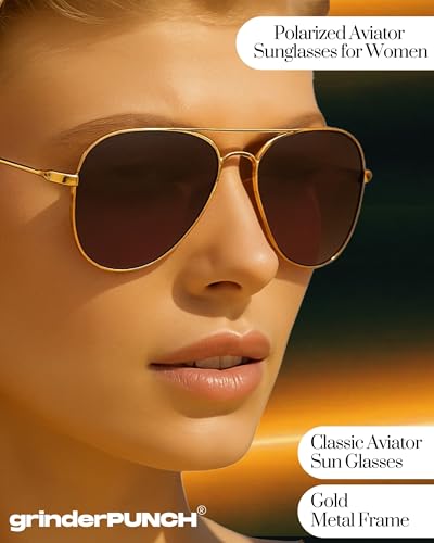 grinderPUNCH Unisex Aviator Sunglasses | Fashionable & Lightweight Frame Suits All Face Shapes | 100% UV Protection (Metal Gold Frame/Brown Lens) - Image 3
