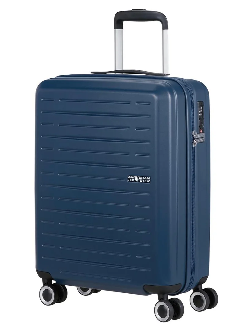 امريكان توريستر aerojoy suitcase, 2pc set (55 + 66 cm), 4 spinner wheels, hard top, abs, dark blue|tsa lock|inner mesh zippered divider|cross ribbons|lightweight|expandable - 3 years international warranty