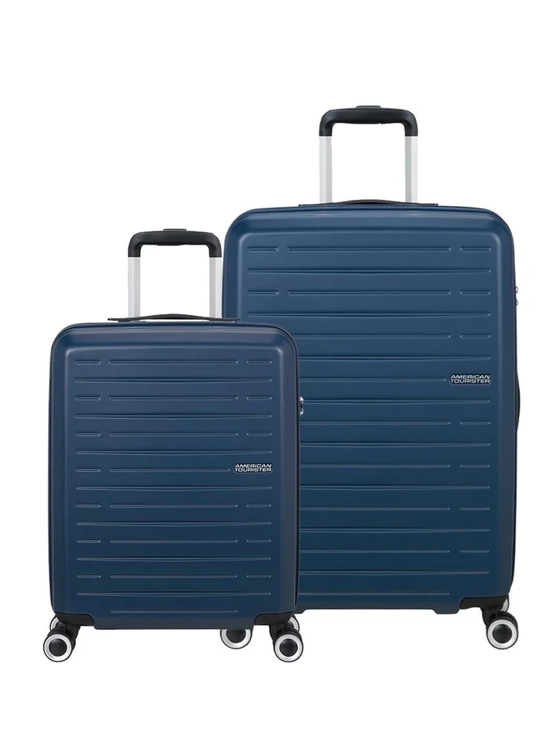 امريكان توريستر aerojoy suitcase, 2pc set (55 + 66 cm), 4 spinner wheels, hard top, abs, dark blue|tsa lock|inner mesh zippered divider|cross ribbons|lightweight|expandable - 3 years international warranty