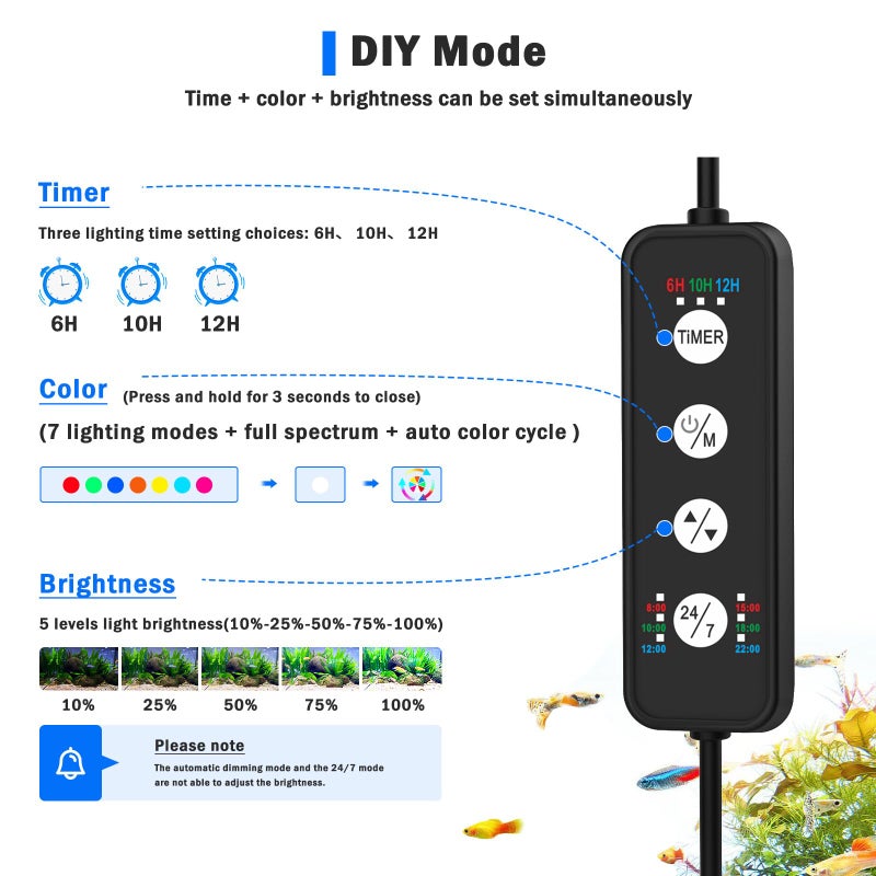 AQQA LED Aquarium Light, 24/7 Mode Clip on Fish Tank Light with Memory Function, DIY Mode Full Spectrum Aquarium Plant Light, Adjustable Timer/Brightness, IP68 Waterproof for 11-16 Inch Fish Tank 11W - Image 1