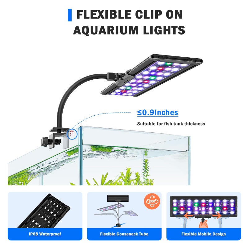 AQQA LED Aquarium Light, 24/7 Mode Clip on Fish Tank Light with Memory Function, DIY Mode Full Spectrum Aquarium Plant Light, Adjustable Timer/Brightness, IP68 Waterproof for 11-16 Inch Fish Tank 11W - Image 3