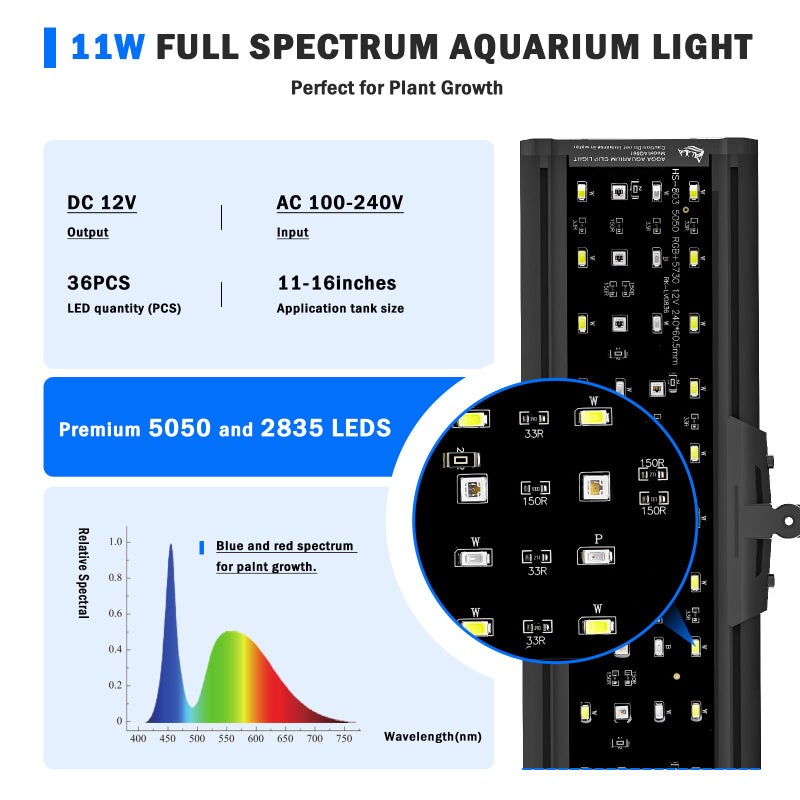 AQQA LED Aquarium Light, 24/7 Mode Clip on Fish Tank Light with Memory Function, DIY Mode Full Spectrum Aquarium Plant Light, Adjustable Timer/Brightness, IP68 Waterproof for 11-16 Inch Fish Tank 11W - Image 4