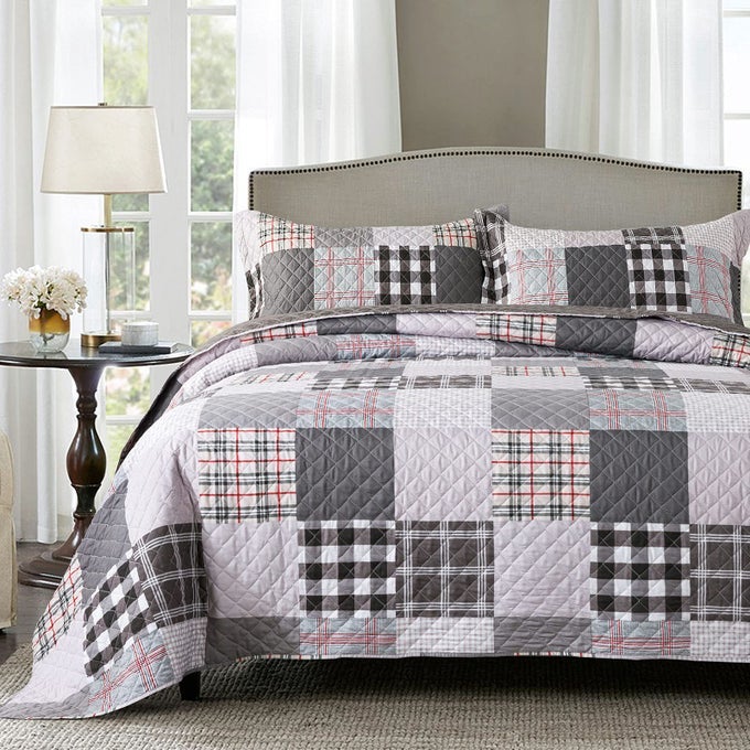 QUILT SET 3PIECE OVERSIZED QUILTED BEDSPREAD COVERLET SET GREY EUROPEAN BRITISH GRID PATCHWORK BEDDING SET QUEEN SIZE