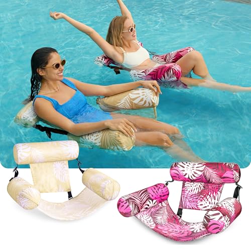 SLOOSH Inflatable Pool Floats Adult2 Packs Floating Lounge ChairsBlow up Pool Noodles for Adult Heavy DutyFloating Chair for Party Summer Water Beach Lake FunTropical LeavesChampagnePink - Image 5