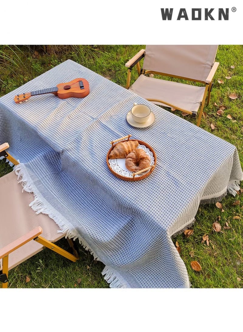 دبليو أيه أو كي أن مفرش طاولة، غطاء طاولة مقاوم للغبار ومزين بشراشيب من قطن تيريلين، وبطانية للنزهات، ومضاد للرطوبة، وديكور مستطيل لسطح الطاولة، (رمادي) - Image 1