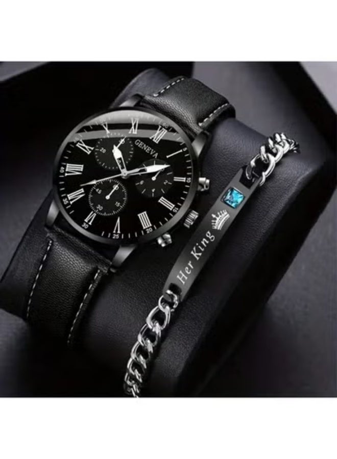 Geneva Men's Quartz Watch Genuine Leather Strap Shockproof Round Case Business Fashion Calendar Elegant - Image 1