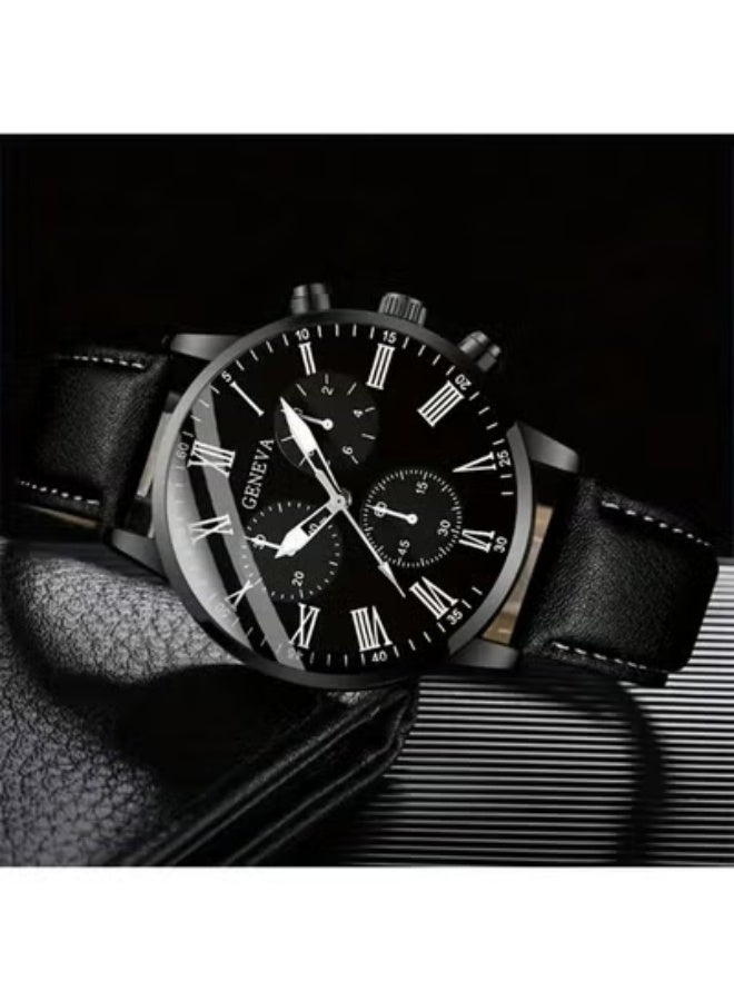 Geneva Men's Quartz Watch Genuine Leather Strap Shockproof Round Case Business Fashion Calendar Elegant - Image 3