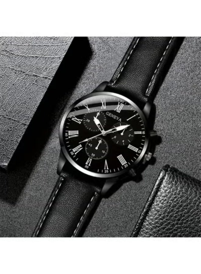 Geneva Men's Quartz Watch Genuine Leather Strap Shockproof Round Case Business Fashion Calendar Elegant - Image 2