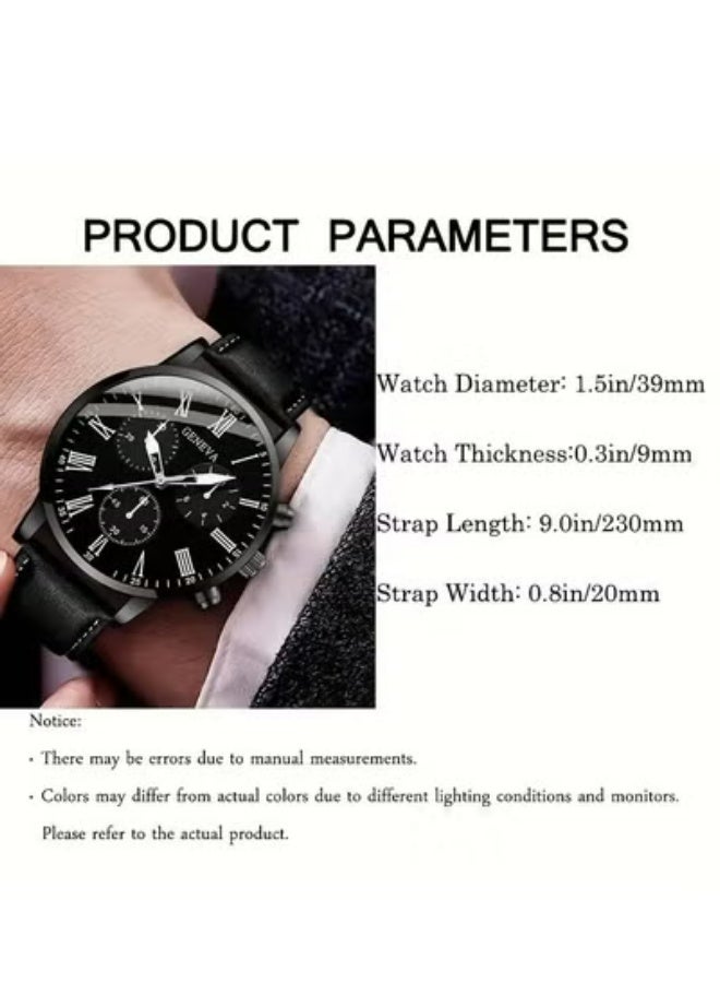 Geneva Men's Quartz Watch Genuine Leather Strap Shockproof Round Case Business Fashion Calendar Elegant - Image 5