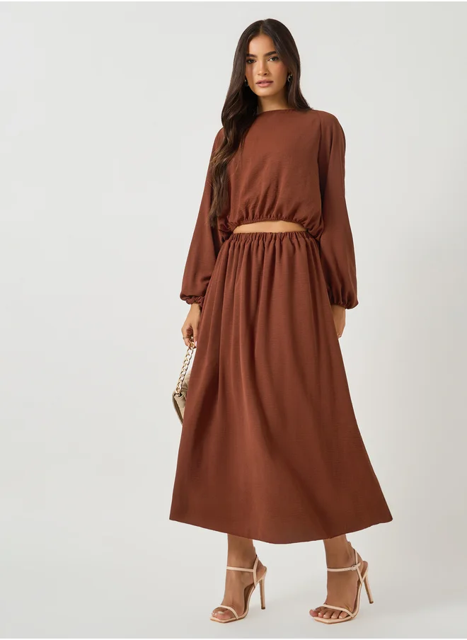 Styli Solid Round Neck Crop Top and Maxi Skirt Co-Ords