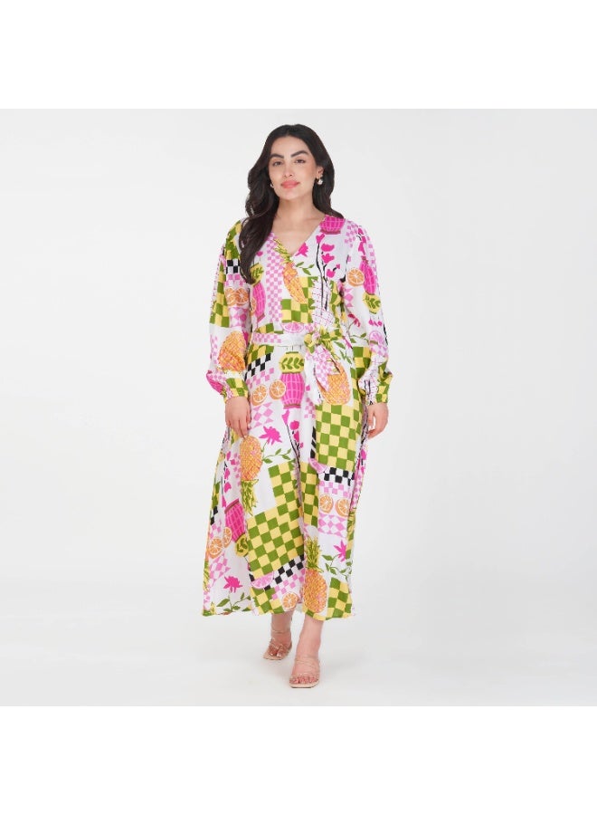 Linelle Pink base Colorful Patch Print- V-Neck Maxi Dress with Belted Waist. - Image 3