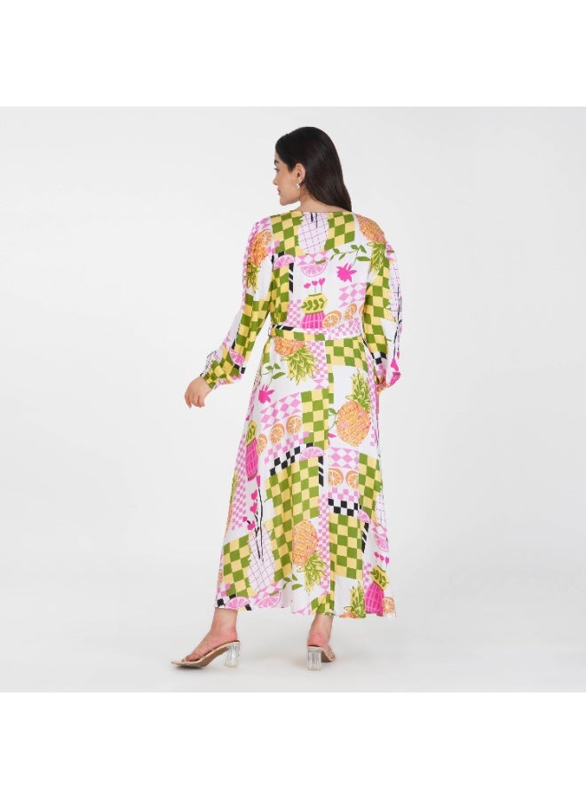 Linelle Pink base Colorful Patch Print- V-Neck Maxi Dress with Belted Waist. - Image 2