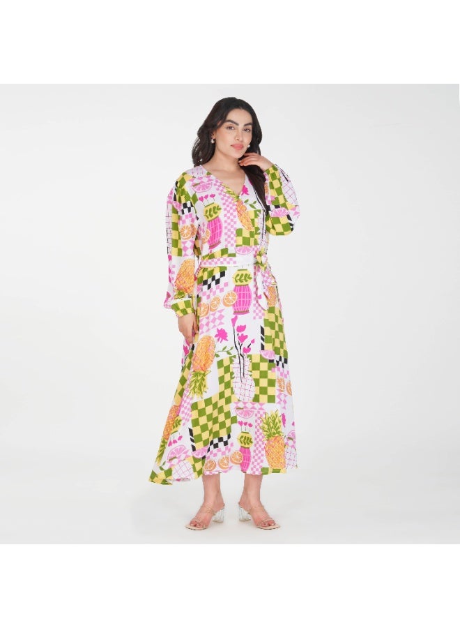 Linelle Pink base Colorful Patch Print- V-Neck Maxi Dress with Belted Waist. - Image 5