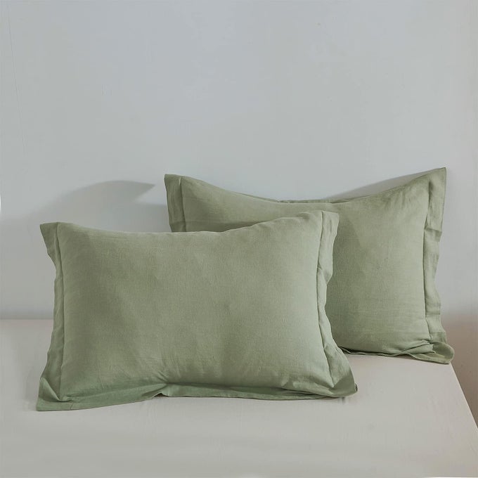 100 FRENCH LINEN PILLOW SHAMS BASIC STYLE PACK OF 2 WASHED SOLID COLOR NATURAL FLAX SOFT BREATHABLE SAGE GREEN 20 X 26