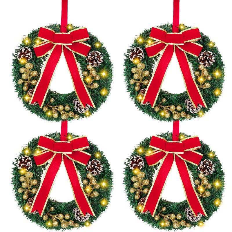 Cindeer 4 Pcs Lighted Christmas Wreaths 12 Inch Pre Lit Small Xmas Wreath with Large Bow Pine Needle Wreath with LED Lights Battery Operated Xmas Ornaments for Front Door Wall Christmas Party DecorGold 