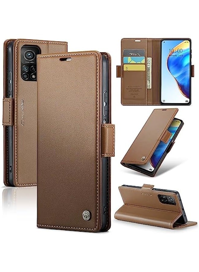 RFID Blocking Case for Xiaomi10T 5G\/Xiaomi 10T Pro 5G - Card Holder, Durable Leather, Kickstand, Magnetic Closure - Brown - Image 1