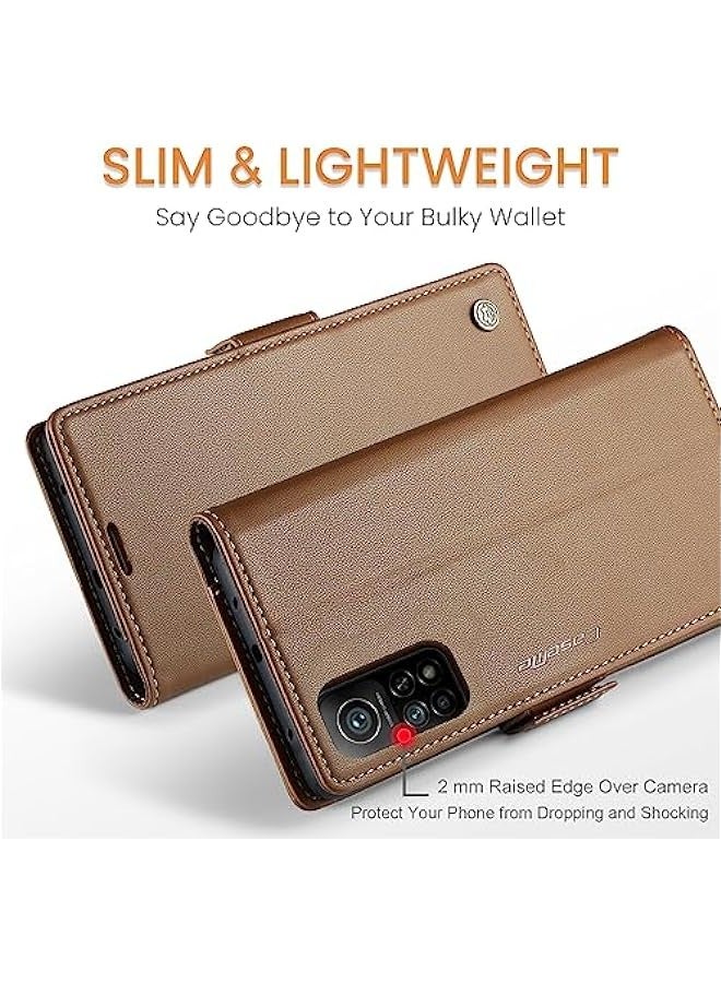 RFID Blocking Case for Xiaomi10T 5G\/Xiaomi 10T Pro 5G - Card Holder, Durable Leather, Kickstand, Magnetic Closure - Brown - Image 3
