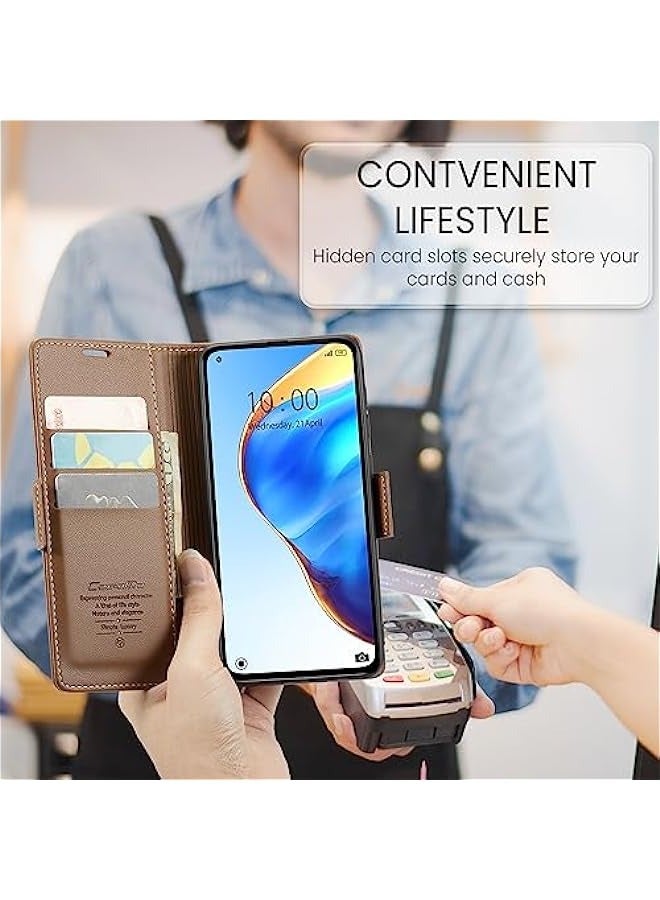 RFID Blocking Case for Xiaomi10T 5G\/Xiaomi 10T Pro 5G - Card Holder, Durable Leather, Kickstand, Magnetic Closure - Brown - Image 5