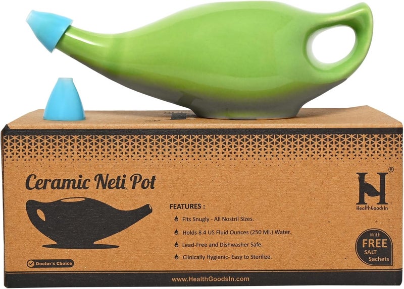 HealthGoodsIn HealthGoodsIn Ceramic Neti Pot, Dishwasher Safe, Premium Handcrafted with 2 Silicone Nozzle and Salt for Sinus - 225 Ml. Capacity (Green) 