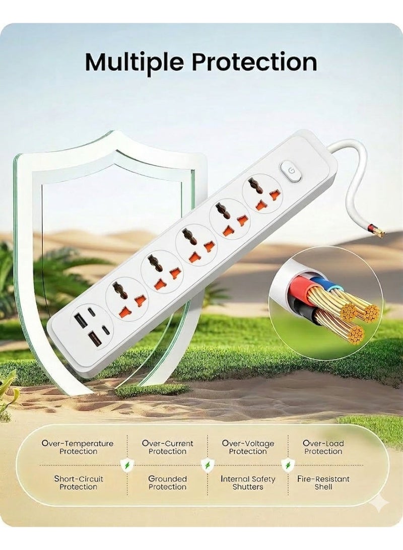توصيلة كهربائية مع حماية من زيادة التيار 2/5/10 متر، كابل تمديد عالمي بقابس بريطاني، مشترك كهربائي بـ 5 مقابس ومنفذي USB A ومنفذي USB للمنزل وغرفة النوم والمطبخ والمكتب والمزيد - أبيض. - Image 2