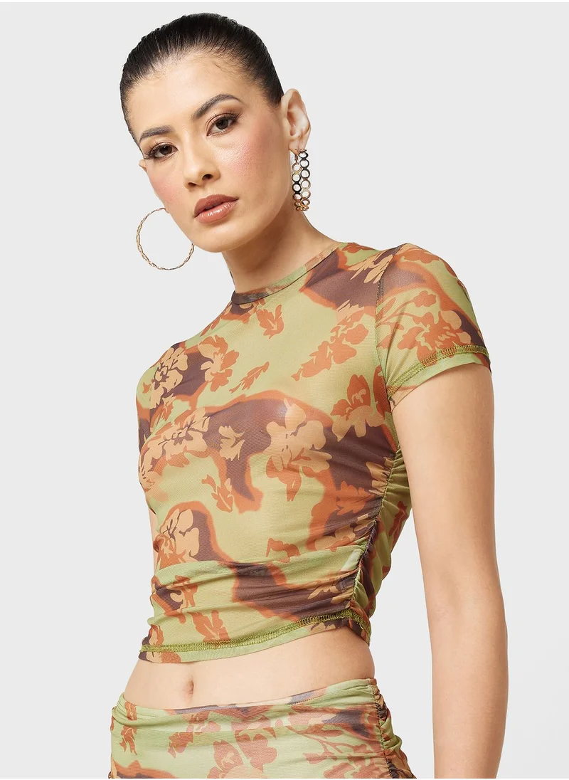 Ginger Mesh Floral Print Crop Top & Skirt Set