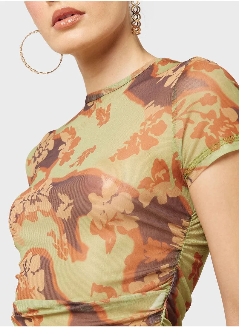 Ginger Mesh Floral Print Crop Top & Skirt Set