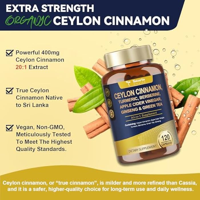 Totaria (2 Packs) 18-in-1 Organic Ceylon Cinnamon Capsules 20:1 Extract, Powerful Ceylon Cinnamon Berberine Supplement w/Apple Cider Vinegar Turmeric Bitter Melon, for Metabolism, Heart, Energy, Non-GMO - Image 4