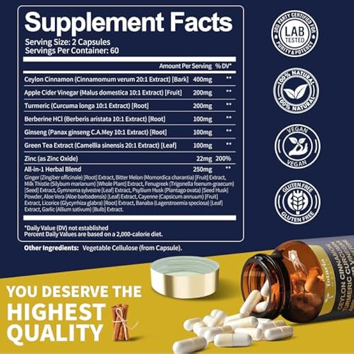 Totaria (2 Packs) 18-in-1 Organic Ceylon Cinnamon Capsules 20:1 Extract, Powerful Ceylon Cinnamon Berberine Supplement w/Apple Cider Vinegar Turmeric Bitter Melon, for Metabolism, Heart, Energy, Non-GMO - Image 2
