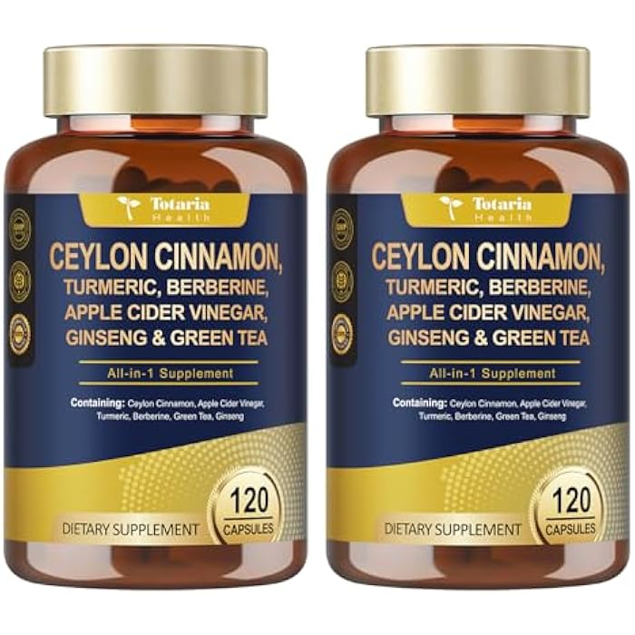 Totaria (2 Packs) 18-in-1 Organic Ceylon Cinnamon Capsules 20:1 Extract, Powerful Ceylon Cinnamon Berberine Supplement w/Apple Cider Vinegar Turmeric Bitter Melon, for Metabolism, Heart, Energy, Non-GMO - Image 1