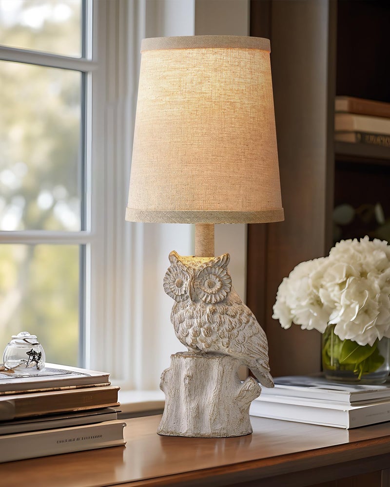 G-SAFAVA 14.25" Small Table Lamp for Living Room Farmhouse Bedside Resin Single Lamp with White Owl Lamp Shape for Bedroom Retro Rustic Nightstand Lamp - Image 1