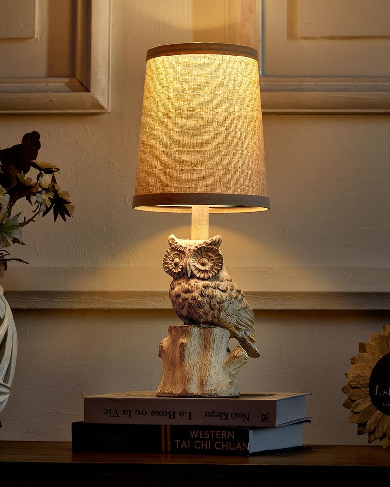 G-SAFAVA 14.25" Small Table Lamp for Living Room Farmhouse Bedside Resin Single Lamp with White Owl Lamp Shape for Bedroom Retro Rustic Nightstand Lamp - Image 3