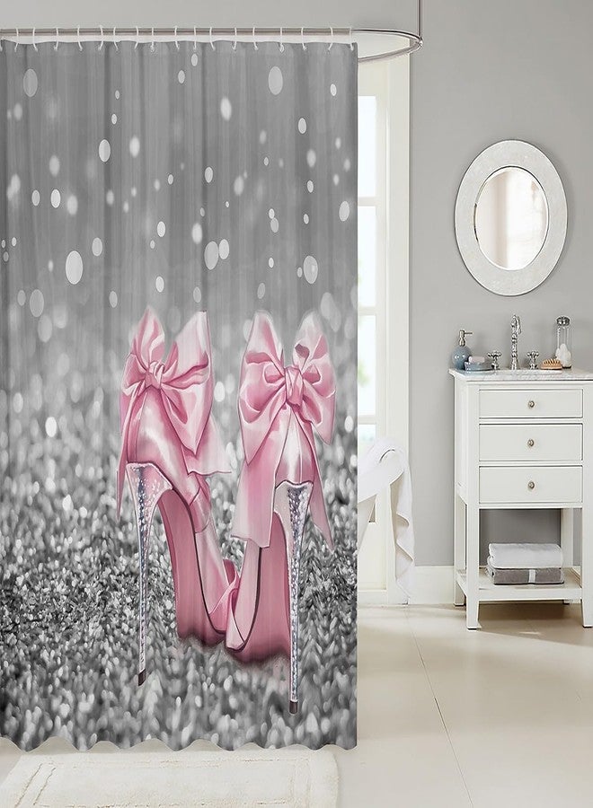 Man Fei Manfei High-Heels Girlish Shower Curtains,Glitter Sparkling Diamond Romantic Bathroom Curtains for Girls Women,Cute Bowknot Fashion Pink Princess Waterproof Curtains,12 Hooks Suits,72" W x 72" L - Image 2