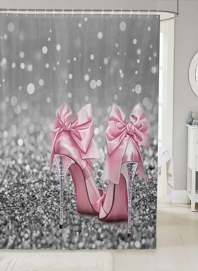 Man Fei Manfei High-Heels Girlish Shower Curtains,Glitter Sparkling Diamond Romantic Bathroom Curtains for Girls Women,Cute Bowknot Fashion Pink Princess Waterproof Curtains,12 Hooks Suits,72" W x 72" L - Image 1
