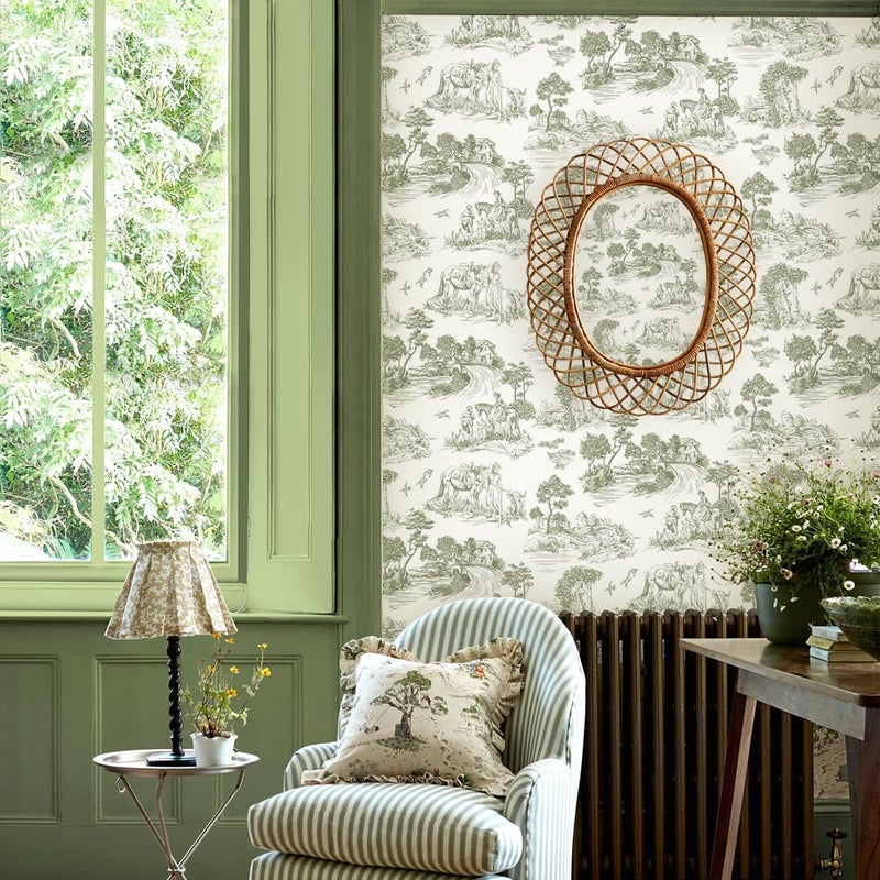 lenify Green Toile Peel and Stick Wallpaper Vintage Contact Paper 16.9inch x 118.1inch French Country Contact Paper Toile Farmhouse Self-Adhesive Removable Wallpaper for Bedroom Decorative Vinyl - Image 4