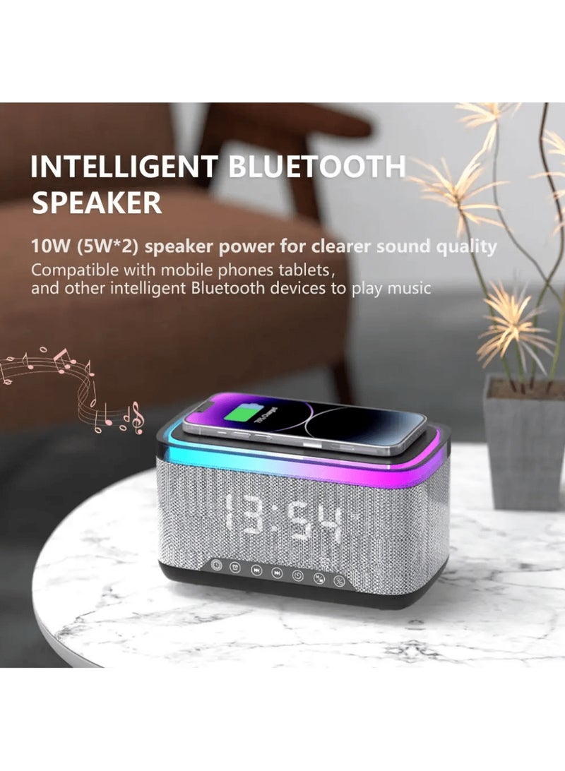 Ayshal Bluetooth speaker, wireless charger, RGB alarm clock - three-in-one function, excellent sound quality, screen display time, built-in sleep aid audio, Bluetooth compatible with various mobile phones, can play music and important audio, suitable for living room and bedroom, white - Image 2