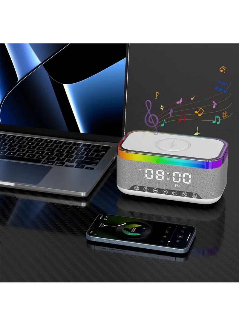 Ayshal Bluetooth speaker, wireless charger, RGB alarm clock - three-in-one function, excellent sound quality, screen display time, built-in sleep aid audio, Bluetooth compatible with various mobile phones, can play music and important audio, suitable for living room and bedroom, white - Image 4